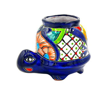 Mexican Talavera Corona Turtle Planter Pot Hand Painted - Dark Blue Body